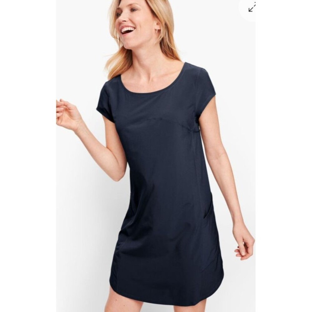 T By Talbots Women’s Lightweight Stretch Cap Sleeve Midi Dress Small Navy Blue